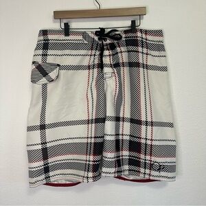 Men’s OP Swim Trunks White w/ Black & Red Plaid – Size 38